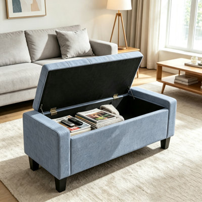 36.6 Inch Storage Ottoman Bench with Wooden Legs, Upholstered Entryway Bedroom Living Room Bench with Hidden Storage Space, Sturdy Rubberwood Feet for Shoe Changing and Quick Rest