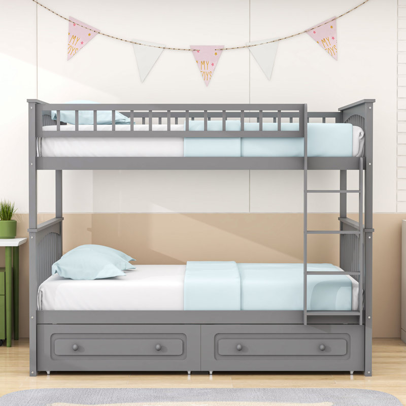 Lit superposé double au-dessus de double avec conception convertible, garde-corps et tiroirs de rangement, Gris