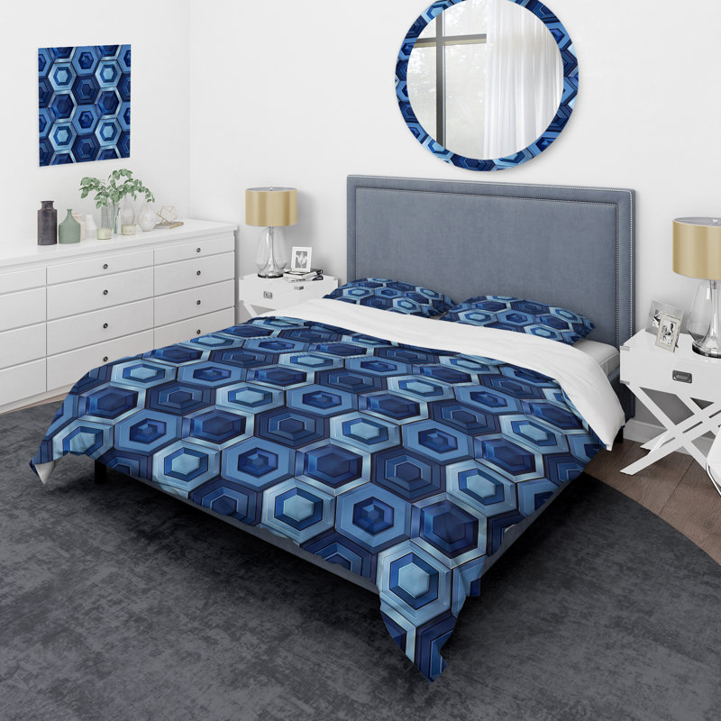 Ensemble de housse de couette moderne à motif hexagonal bleu et blanc II, Housse de couette très grand et 2 très grandes t