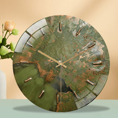 Horloge murale silencieuse en verre trempé de 30 cm, « Vert et bronze », sans tic-tac, fonctionne avec des piles AA (non incluses), décoration artistique pour la maison