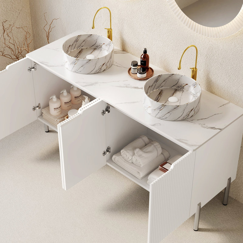 Meuble-lavabo autoportant avec éviers, armoire de rangement de salle de bain avec quatre portes, Blanc