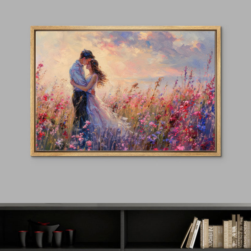 «Romantic Twilight Embrachant Couple In Wildflower Meadow Modern Art» sur, Naturel, H 24 po x l 36 po