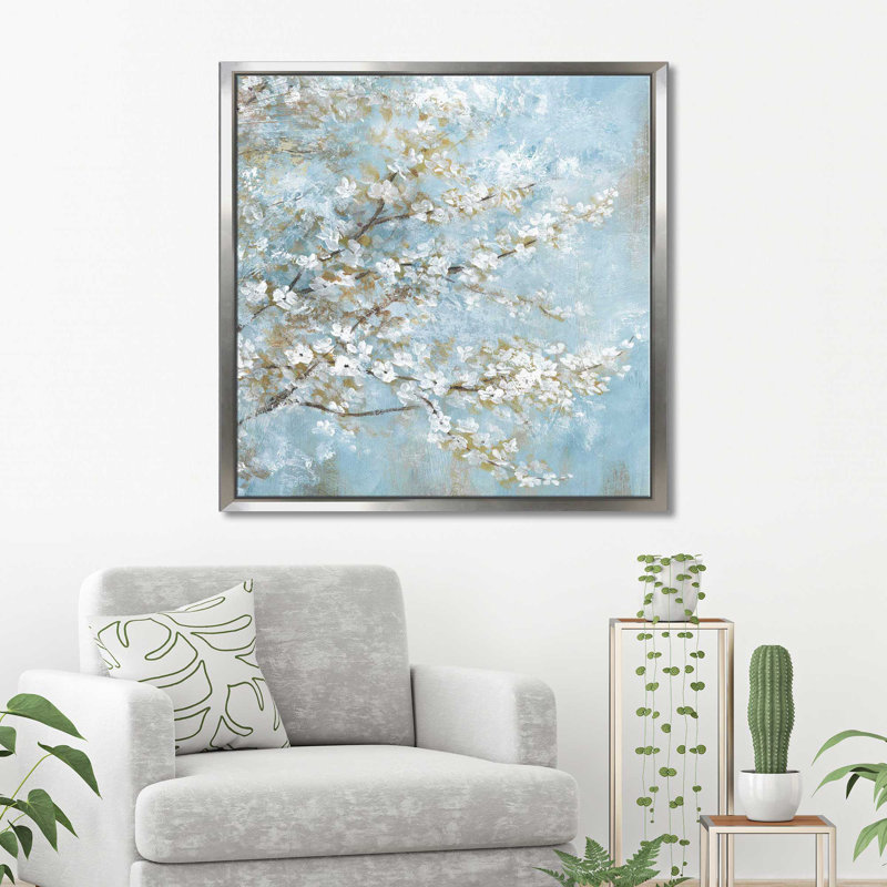 «White Blossoms» par Nan - Peinture, Cadre flottant argent, H 27,5 po x l 27,5 po x P 2 po