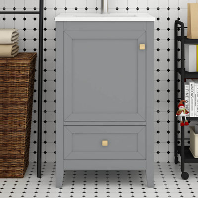 Meuble-lavabo de 20 po avec lavabo, meuble-lavabo autoportant avec porte à fermeture douce, support de rangement et tiroir