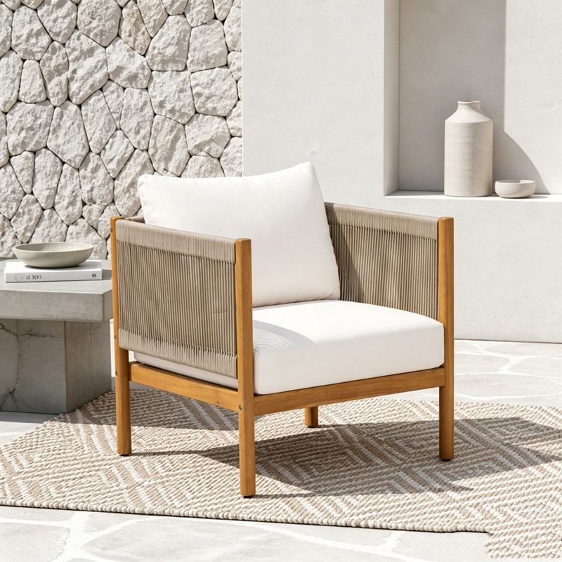 Fauteuil club d'extérieur avec structure en bois d'acacia, Beige,Cream,Teak-1piece