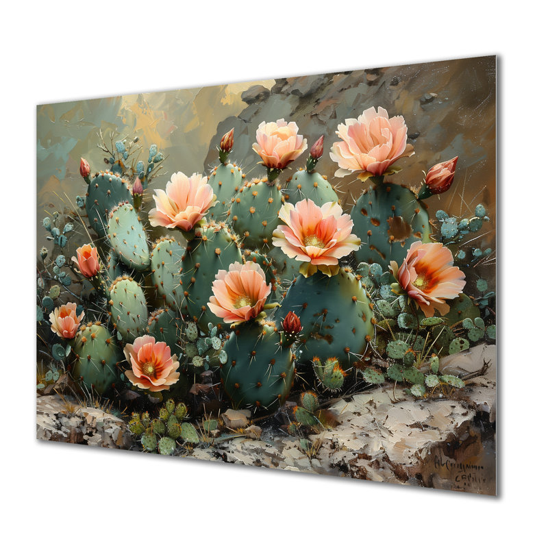 Cactus à fleurs vert et rose lueur II - cactus floral, Cadre flottant doré, H 28 po x l 60 po