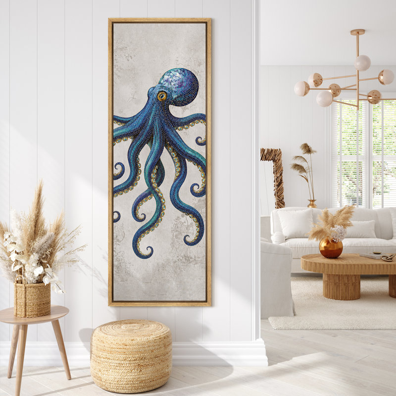 «Blue Octopus Nautical Marine Mosaic Style», reproduction d'art sur toile encadrée, 60" H x 20" W x 1.5" D, Natural