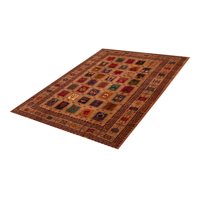 Tapis unique en laine noué à la main brun clair de 6 pi 8 po x 9 pi 1 po Teimani