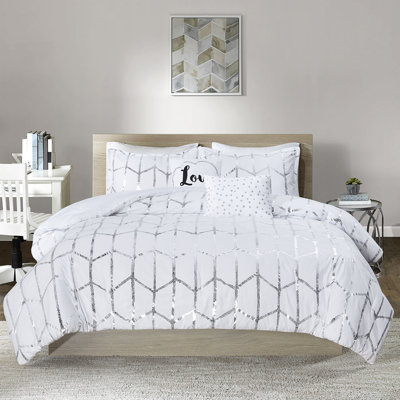 Édredon simple / simple TG - magnifique motif géométrique argenté sur fond blanc, microfibre ultra douce, 2 taies décoratives, coussins décoratifs, instructions d'entretien facile à imprimé métallique, motif géométrique blanc