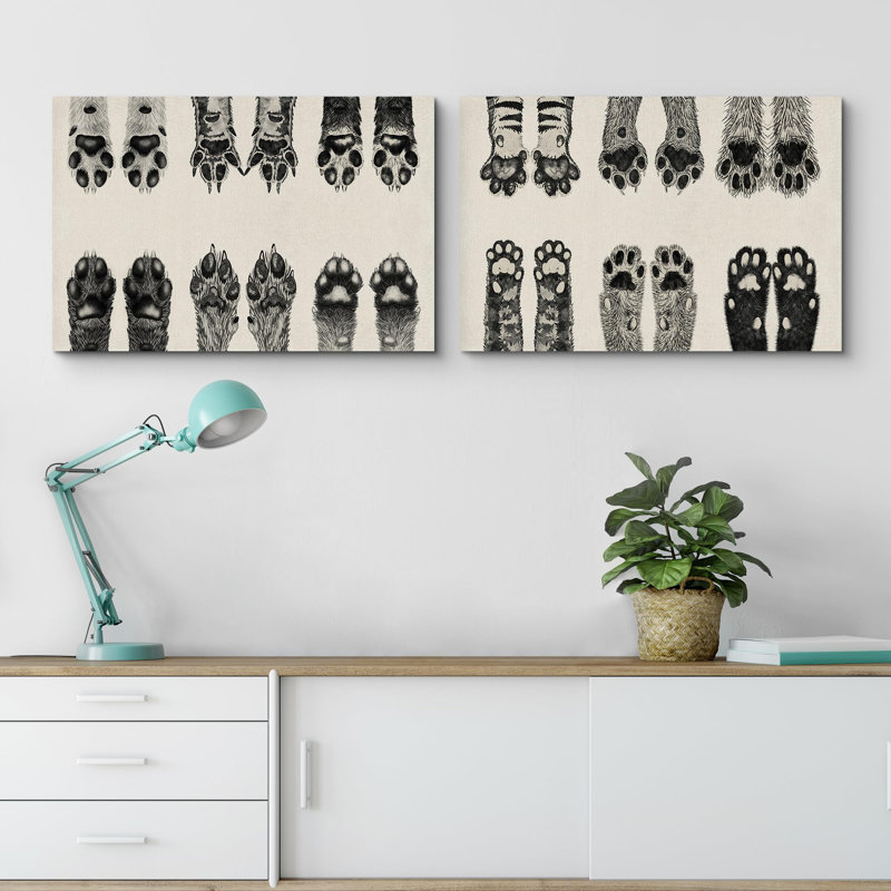 Animals " Dog And Cat Cute Animal Paws Vintage Nursery Decor " 2 - Pieces, Wrapped Canvas, 24" H x 36" W