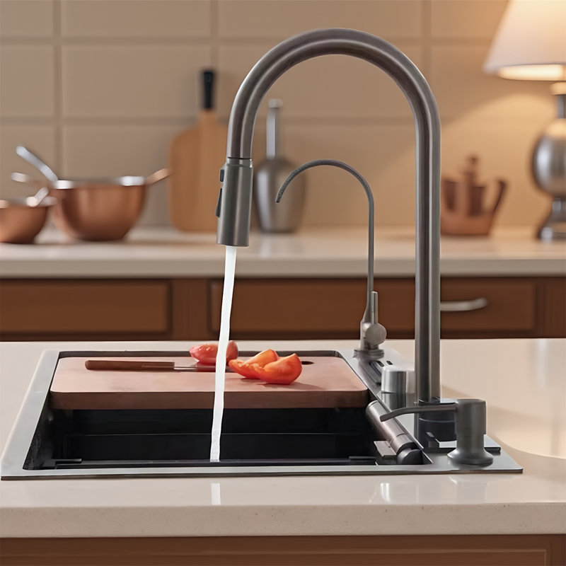 Évier de cuisine en acier inoxydable noir, avec surface alvéolée et ensemble d'accessoires multifonctionnel, résistant aux égratignures et aux bactéries, style poste de travail moderne