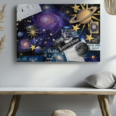 Toile, un collage cosmique éclatant se déploie, présentant une riche tapisserie d'art mural, des éléments célestes avec des galaxies tourbillonnantes en toile