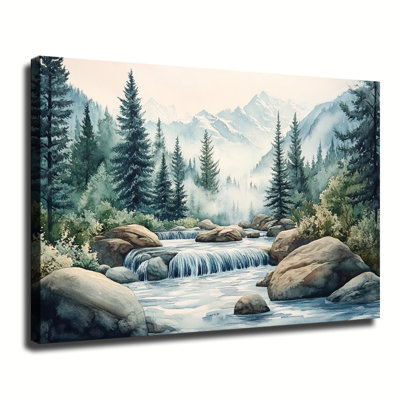 Paysage aquarelle de forêt de montagne brumeuse avec rivière, pins et cascades, grande toile tendue sur châssis pour salon ou chambre