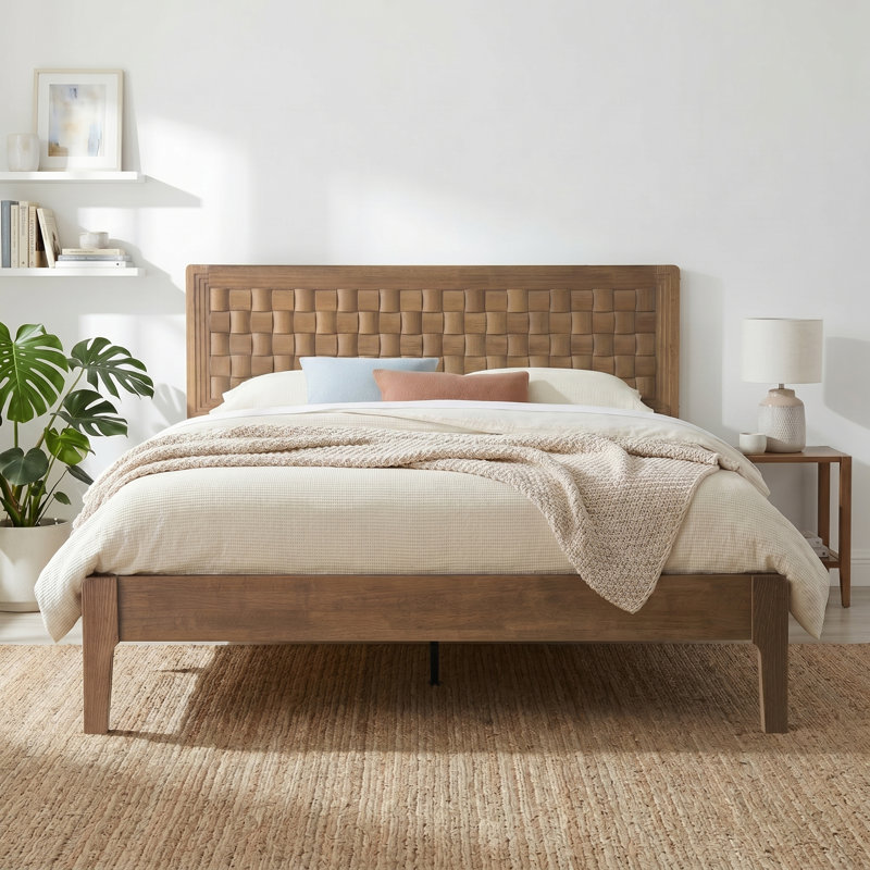 Squaro Mid-Century Modern Solid Wood Bed Frame with Woven Headboard - Queen Size in Chestnut Brown, Chestnut Brown, Queen
