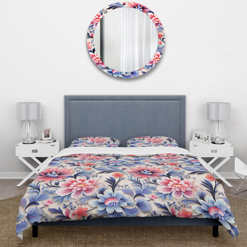 Ensemble de housse de couette à motif géométrique damassé rose et mauve II, Housse de couette pour très grand lit et 2 très