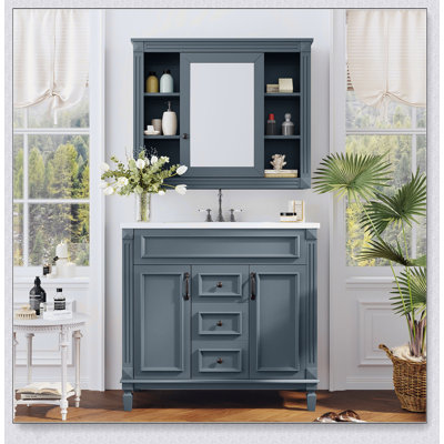 36 Inch Bathroom Vanity With Top Sink, Royal Blue Mirror Cabinet, And Ample Storage, Ideal For Modern Bathrooms