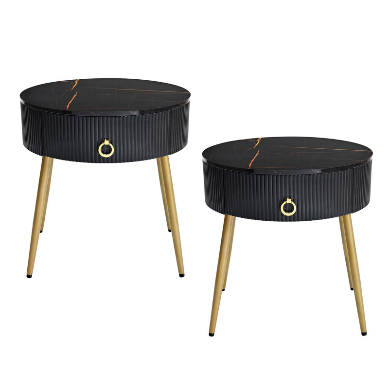 19.6'' Easy Assembly End Tables With High Gloss Faux Marble Tabletops, Black
