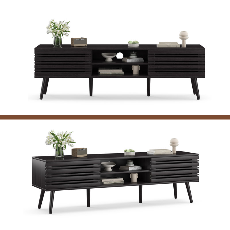 Mid Century Modern TV Stands For Up To 70" TV With Storage, Fluted Wood TV Stand For Living Room, Boho Media Console, Entertainment Center With Cable Management