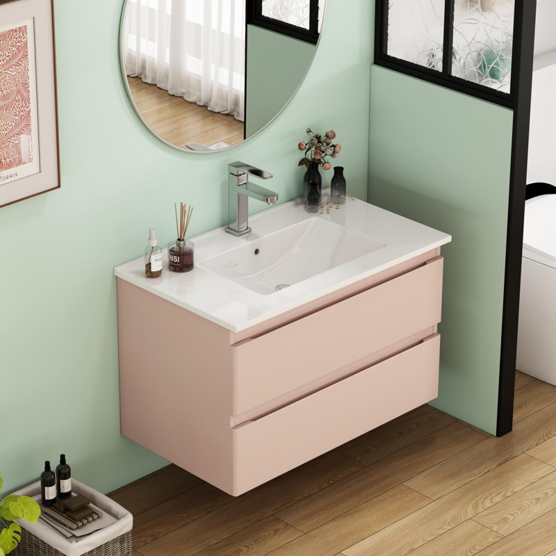 32-Inch Wall-Mounted Bathroom Vanity, Blush Beige