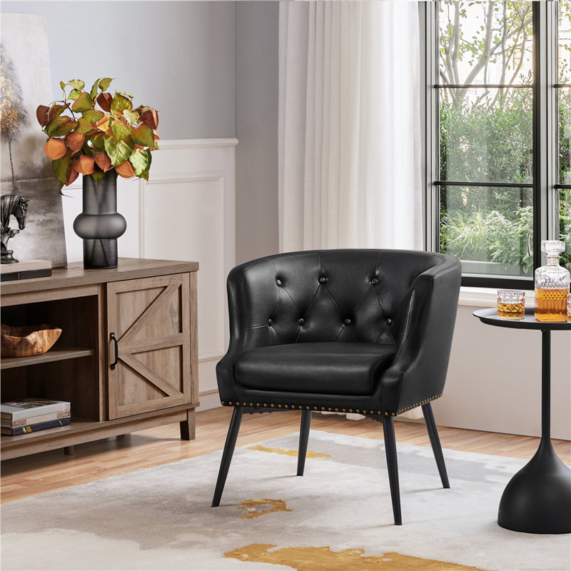 Kabron Upholstered Barrel Chair, Black Faux Leather