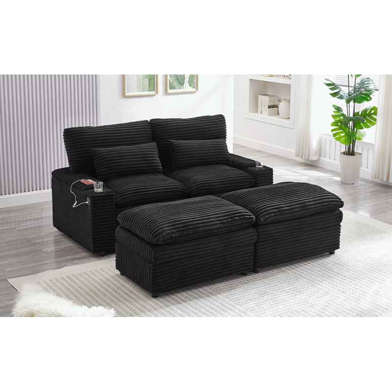 Causeuse avec deux repose-pieds mobiles, quatre ports USB et deux porte-gobelets, Noir
