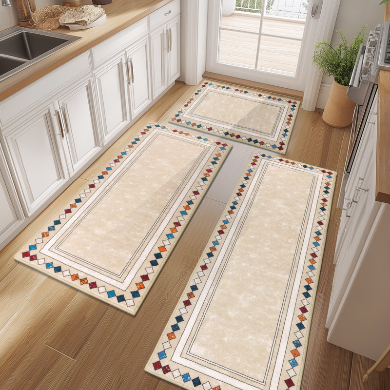 Elegant Nylon-Look Kitchen Mat Runner (Set of 3), Beige