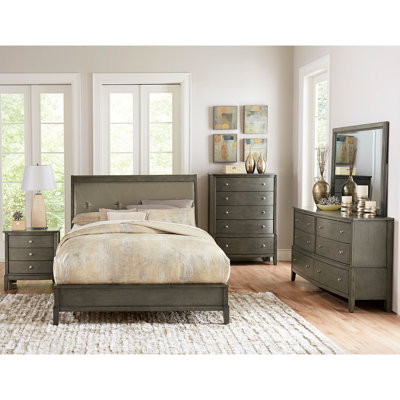 Lit double gris en similicuir gris avec tête de lit et tête de lit capitonnée