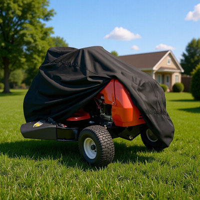 Housse imperméable et résistante aux UV pour tondeuse à gazon, protection robuste pour matériel de jardinage extérieur, revêtement noir et argent, cordon de serrage ajustable, sac de rangement à cordon et sac d'emballage en PE vierge