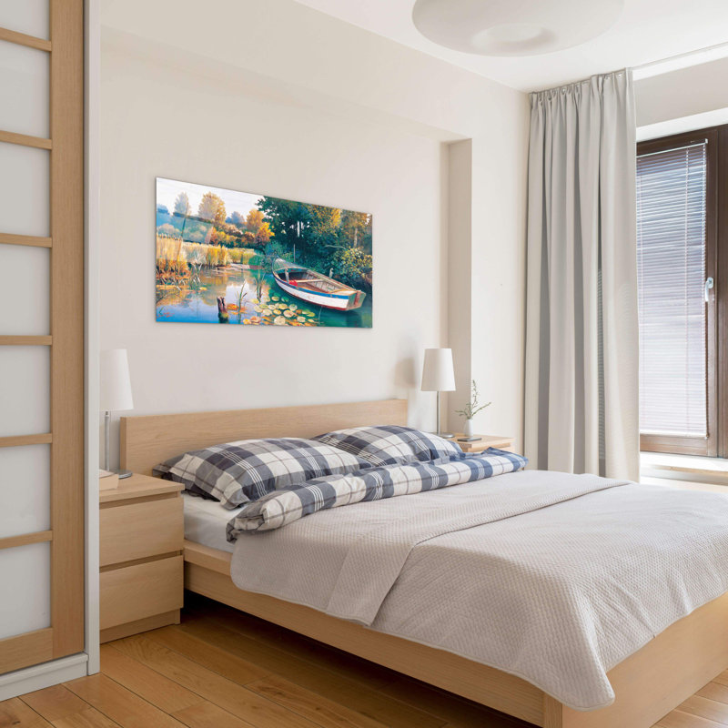 River Silent Boat by Art Studio 50cm H x 100cm W High Quality Print on Frameless Panel, Lightweight, Ready to Hang