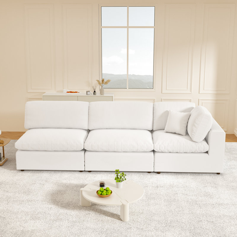 Jossa Upholstered Curved Sectional Right Hand Facing, White Linen Blend