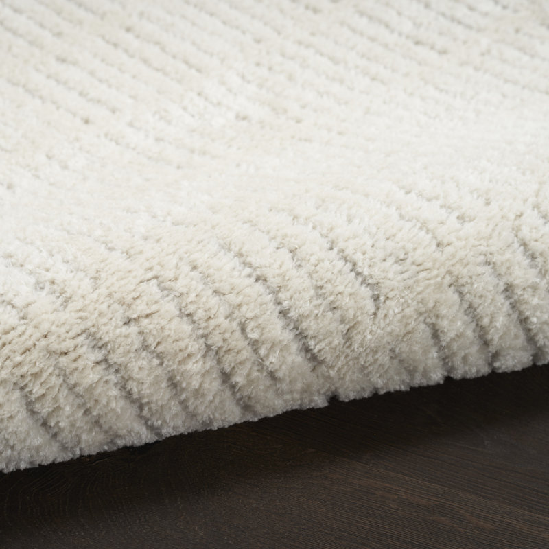 Tapis rectangulaire géométrique tissé à la machine en polyester crème / ivoire, Rectangle 9 pi x 12 pi