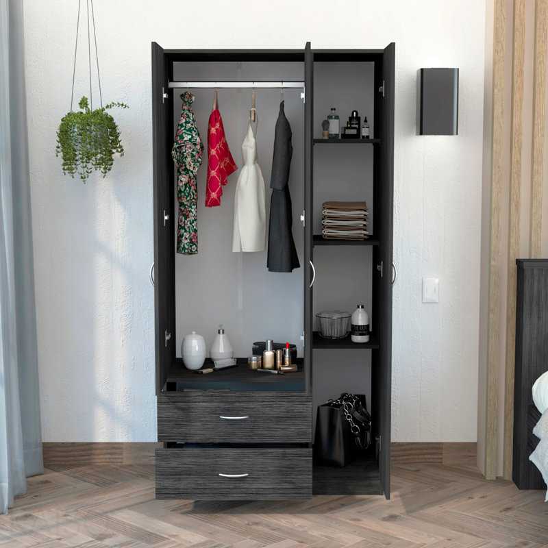 Armoire 3 portes avec deux tiroirs, tablettes et tringle - chêne fumé. Blanc, Gris fumée