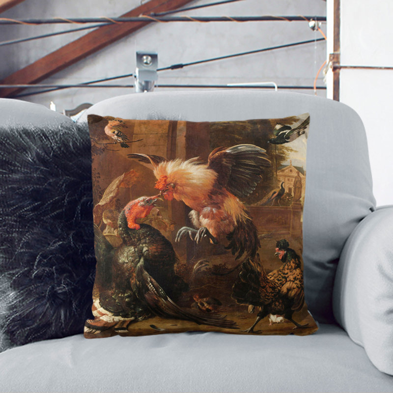 Rooster and Turkey Fighting Scatter Cushion, 55cm H x 55cm W x 20cm D, Stone