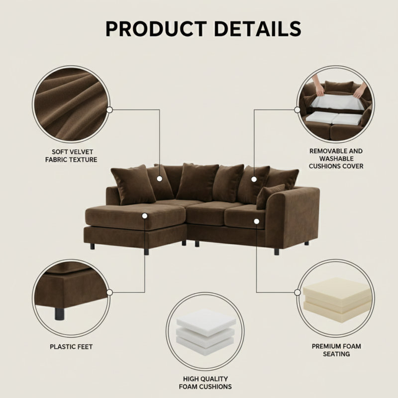 4 Seater Velvet Sofa & Chaise, Left, Brown