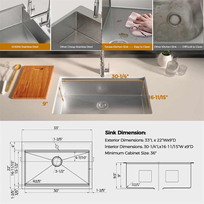 Évier de cuisine 33 po à cuve simple en acier inoxydable