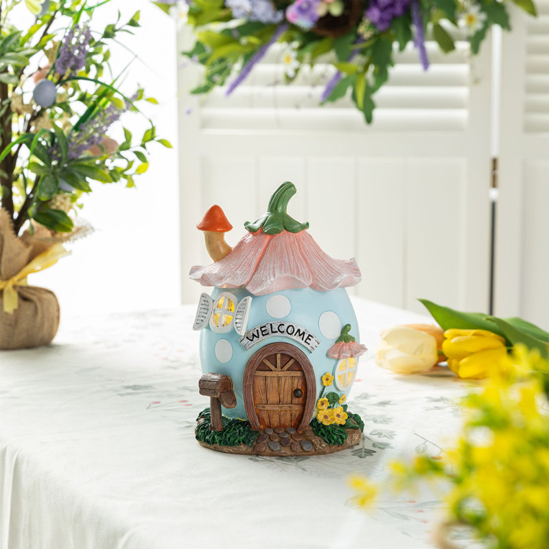 8"H Lighted Easter Resin Egg Shaped House Table Decor