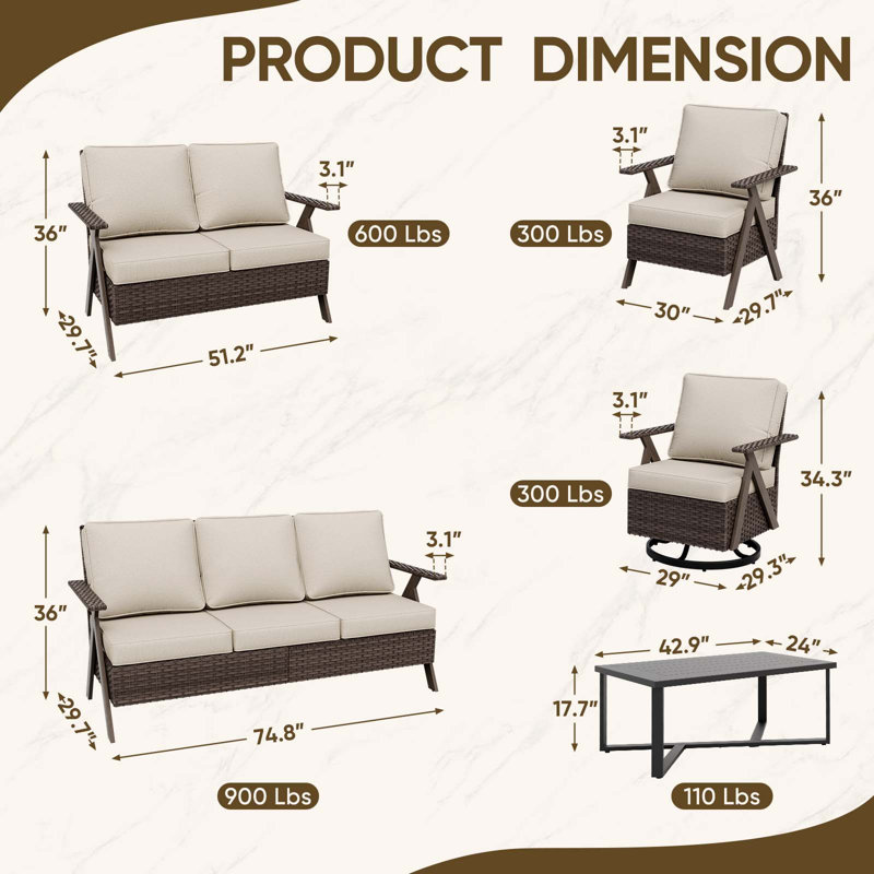 Ensemble de conversation de patio 7 pièces avec 2 chaises longues pivotantes et une table basse, Beige