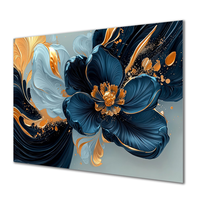 Décoration murale dorée en velours bleu marguerites encre I - boutons d'or, H 30 po x l 40 po