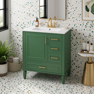Meuble-lavabo autoportant de 91 cm de largeur avec tiroirs profonds et dessus en céramique