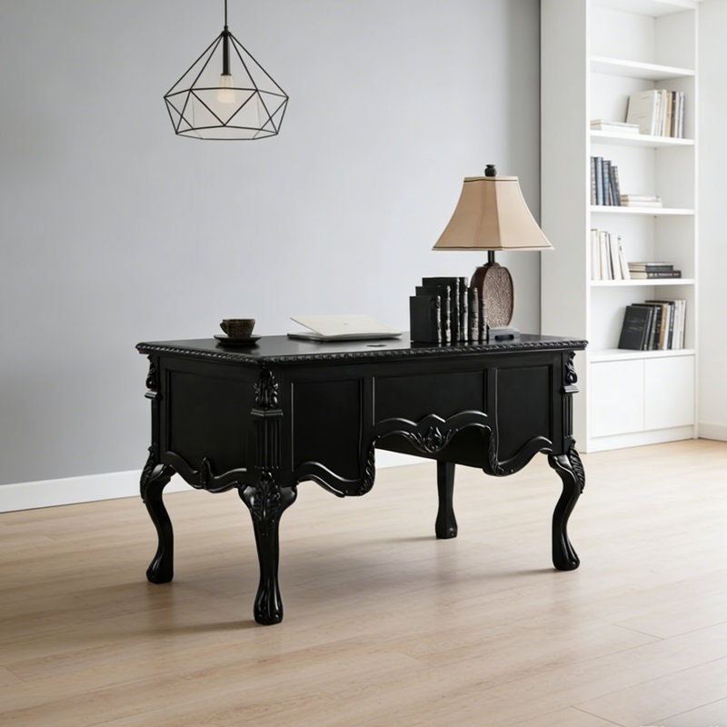 Bureau noir rétro de style français sculpté, H 30,7 po x l 53,1 po x P 29,5 po