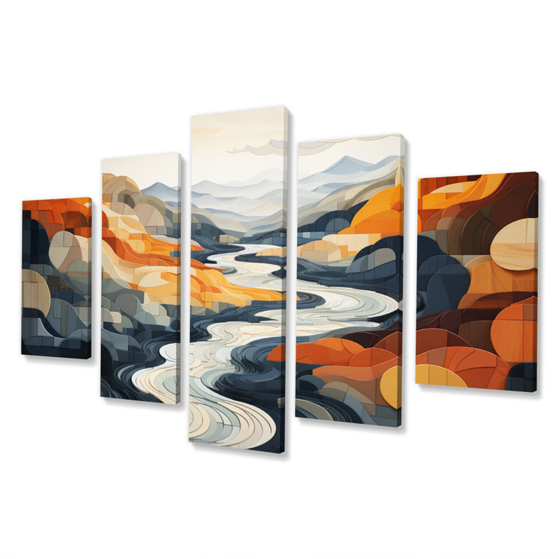 «River Flowing Waters Collage II», reproduction d'art murale moderne - 5 panneaux