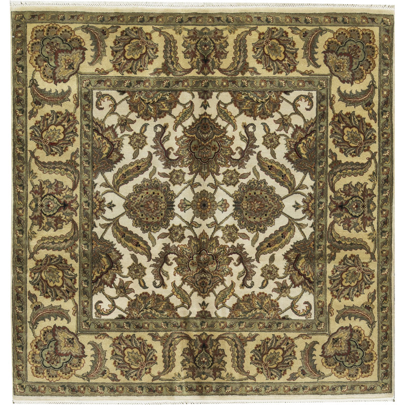 Tapis unique ivoire / olive / brun de haute qualité noué à la main One-of-a-Kind