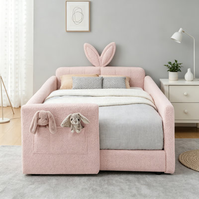 Twin Size Upholstered Platform Bed with Rabbit Ear Headboard, Safety Rails & Storage Pocket, Soft Boucle Fabric, Pink