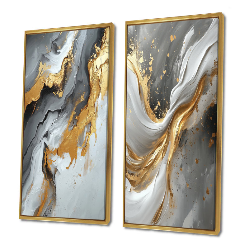 Abstrait marbre dans les tons de gris et d'or I - ensemble d'art mural en marbre 2 pièces, H 40 po x l 40 po, Doré