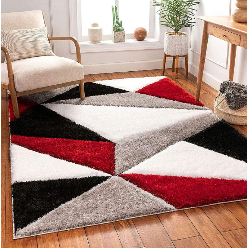 Tapis à poils longs à texture moderne et géométrique | Rouge, Rectangle 5 pi 3 po x 7 pi 3 po