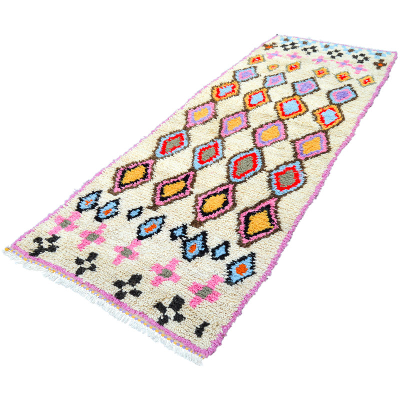 Tapis blanc cassé / rose / mauve unique de 3 pi 1 po x 8 pi 6 po années 1980