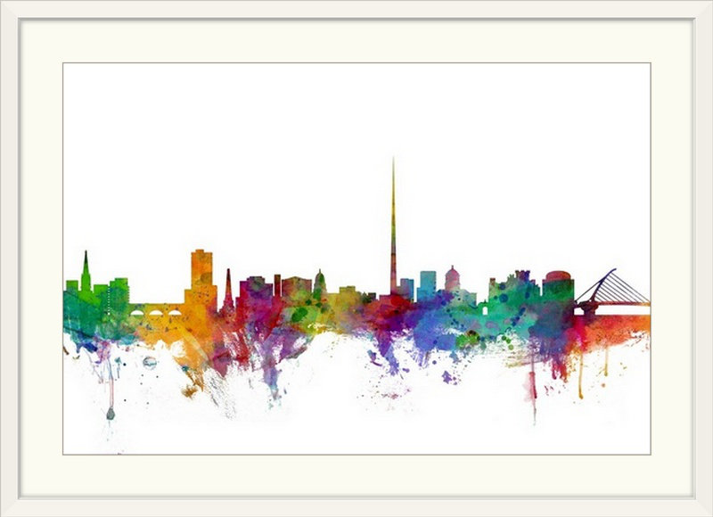 «Francy Dublin, Ireland Skyline» par Michael Tompsett, impression, Cadre blanc, H 24 po x l 32 po x P 1 po