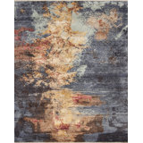 Artist Fantasy Hand Knotted Abstract Area Rug in Blue/Red/Orange