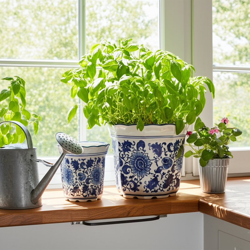 Bethony Ceramic Chinoiserie Pot Planters Set of 2, Blue and White, Elegant Home Décor, 8" H x 8" W x 8" D 