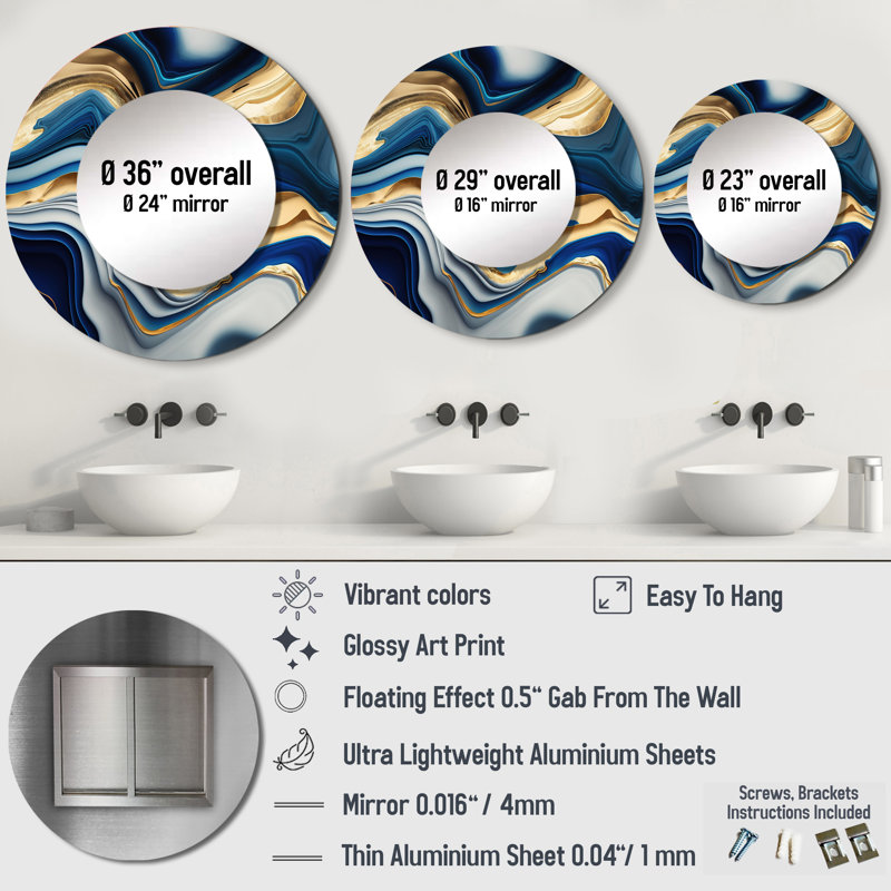 Soll Vibrant Blue And Gold Agate II - Transitional Mirror, Modern Round Unique Wall Mirror, Printed Metal Art, 23" x 23"